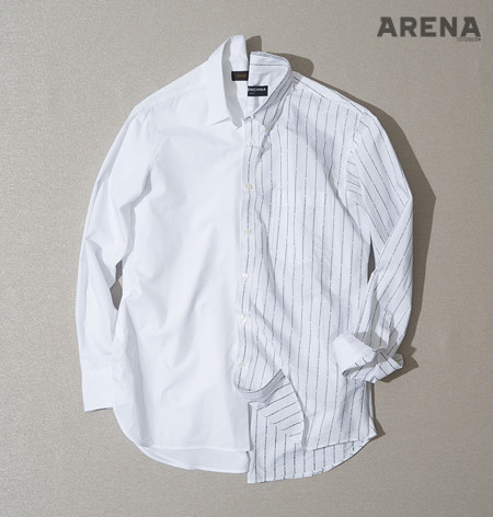 (왼쪽부터) 옆선에 단추를 장식한 박시 셔츠 가격미정 루이 비통, 브랜드의 로고를 촘촘하게 줄무늬로 새긴 셔츠 가격미정 발렌시아가 제품. 