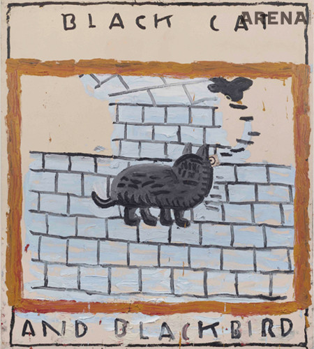 Black Cat and Black Bird, 2020, Oil on canvas 183×160.5cm ⓒ Rose Wylie 