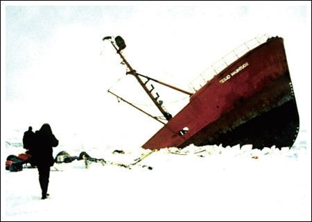35년 전 남극에 도달할
방법은 오직 항해뿐이었다.
로버트 일행을 남극에
데려다준 선박 ‘서던 퀘스트’는
남극의 돌풍을 이기지 못하고
가라앉았다.