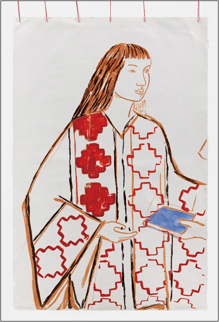 Nina Mapuche,
1975~2021, Edition Variee.
Lithography with hand
coloring (watercolor)
on mulberry paper with
bamboo and red thread,
76.2×50.8cm, courtesy
Cecilia Vicuna and
Lehmann Maupin, New
York, Hong Kong, Seoul,
and London.
